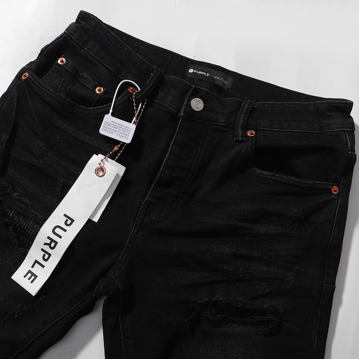 Purple‑Brand Black Wash Multi Frayed Rip Mesh Patch Straight Leg Jeans