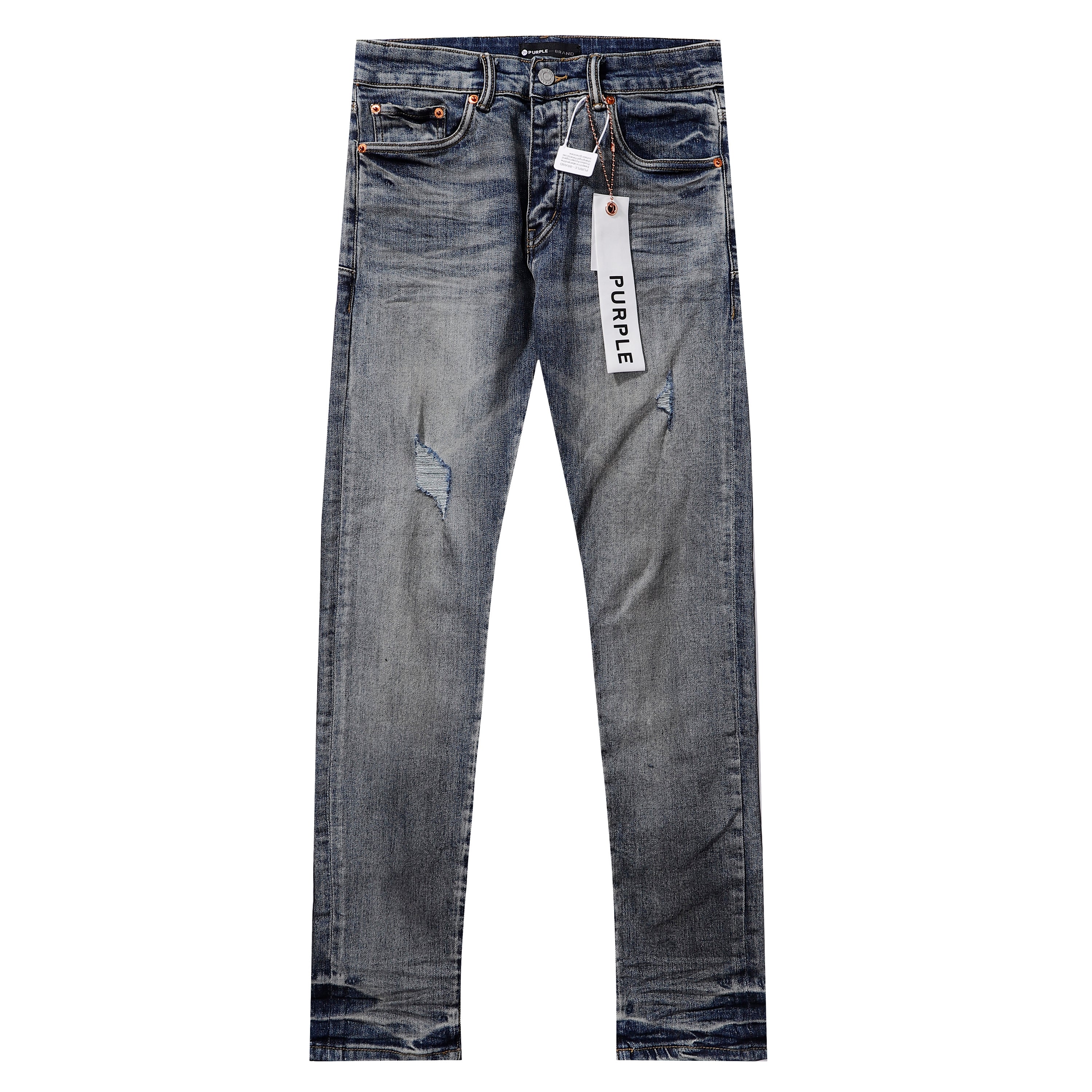 Purple‑Brand Dark Grey‑Blue Scattered Tear Distressed Straight Leg Jeans