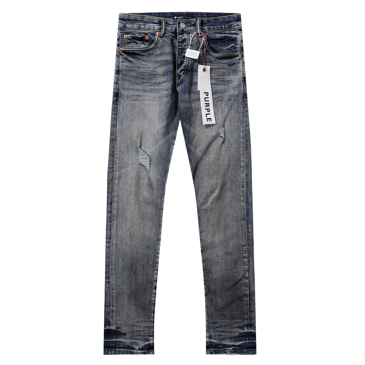 Purple‑Brand Dark Grey‑Blue Scattered Tear Distressed Straight Leg Jeans