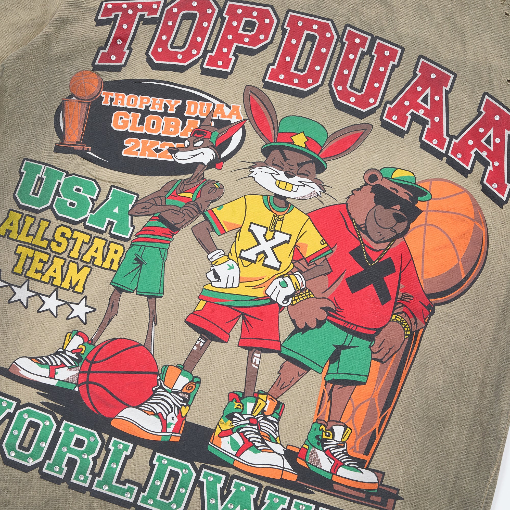TOP DUAA USA Allstar Basketball Cartoon Vintage Khaki Distressed Washed T-Shirt