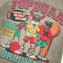 TOP DUAA USA Allstar Basketball Cartoon Vintage Khaki Distressed Washed T-Shirt