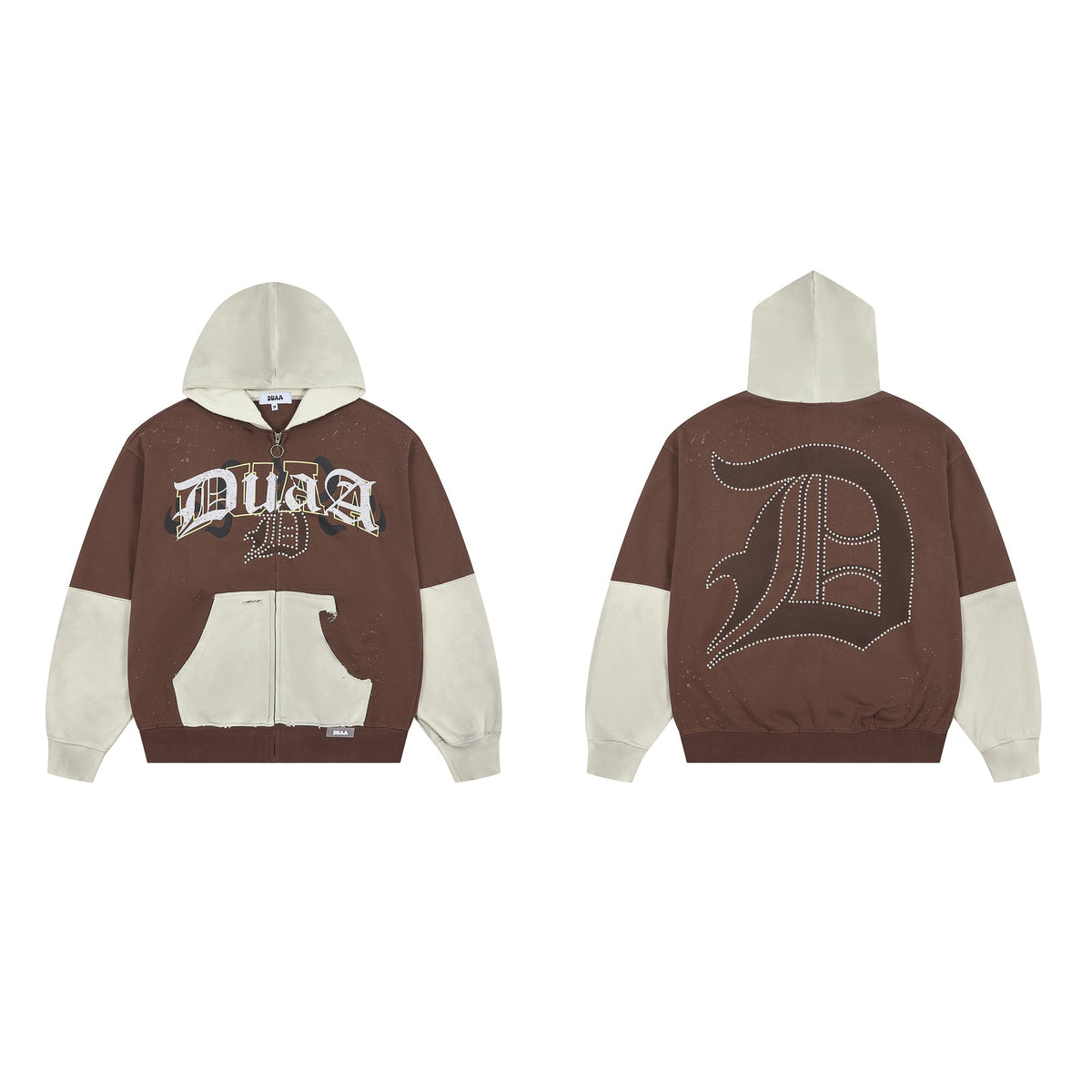 DUAA Gothic Logo Rhinestone Color Block Zip Up Hoodie