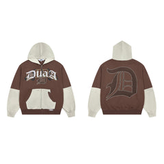 DUAA Gothic Logo Rhinestone Color Block Zip Up Hoodie