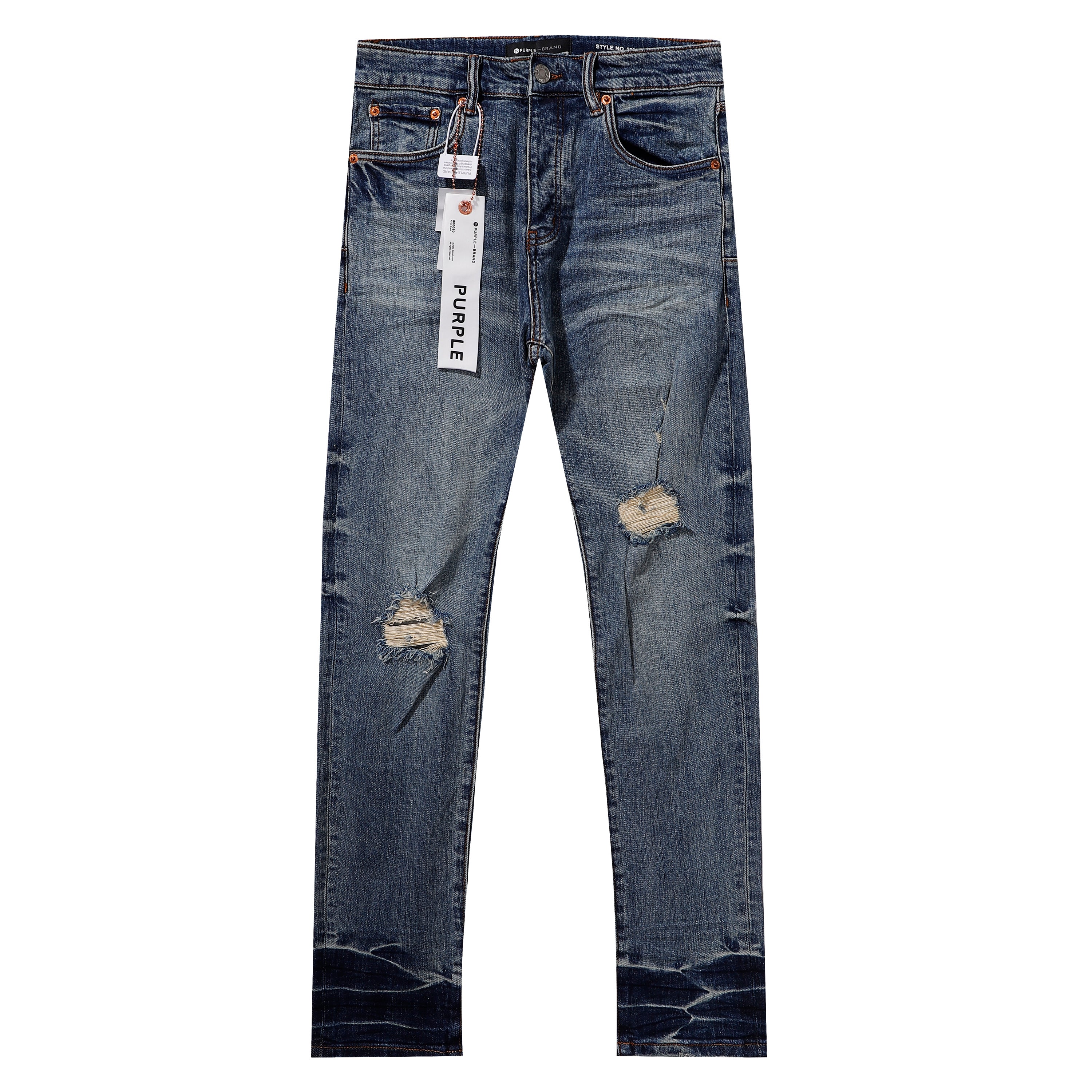 Purple‑Brand Mid‑Blue Distressed Patch Ripped Gradient Hem Straight Leg Jeans