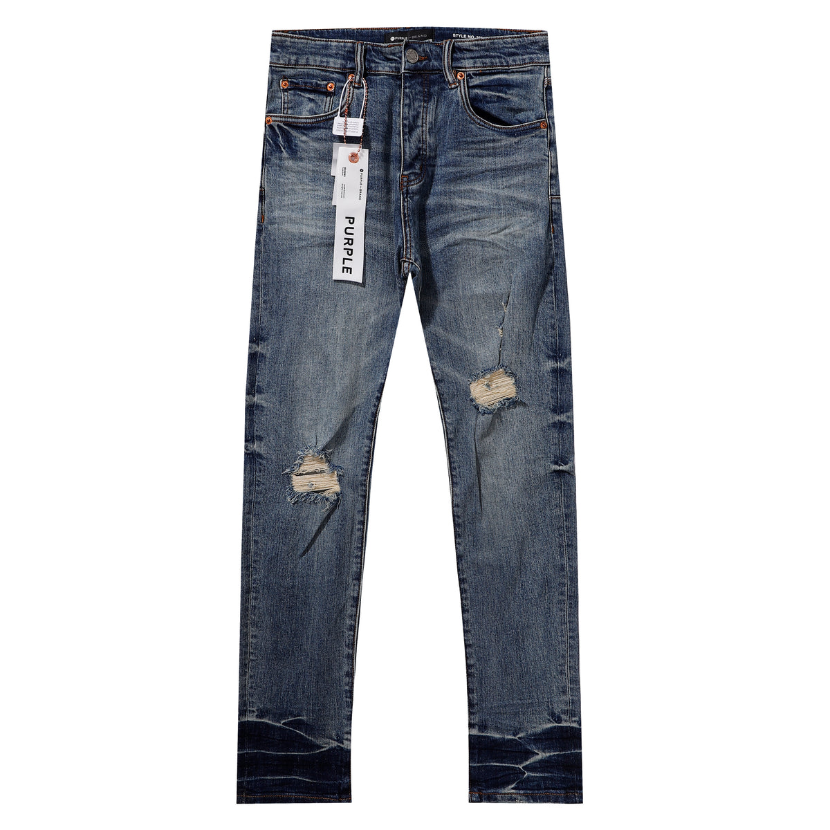 Purple‑Brand Mid‑Blue Distressed Patch Ripped Gradient Hem Straight Leg Jeans