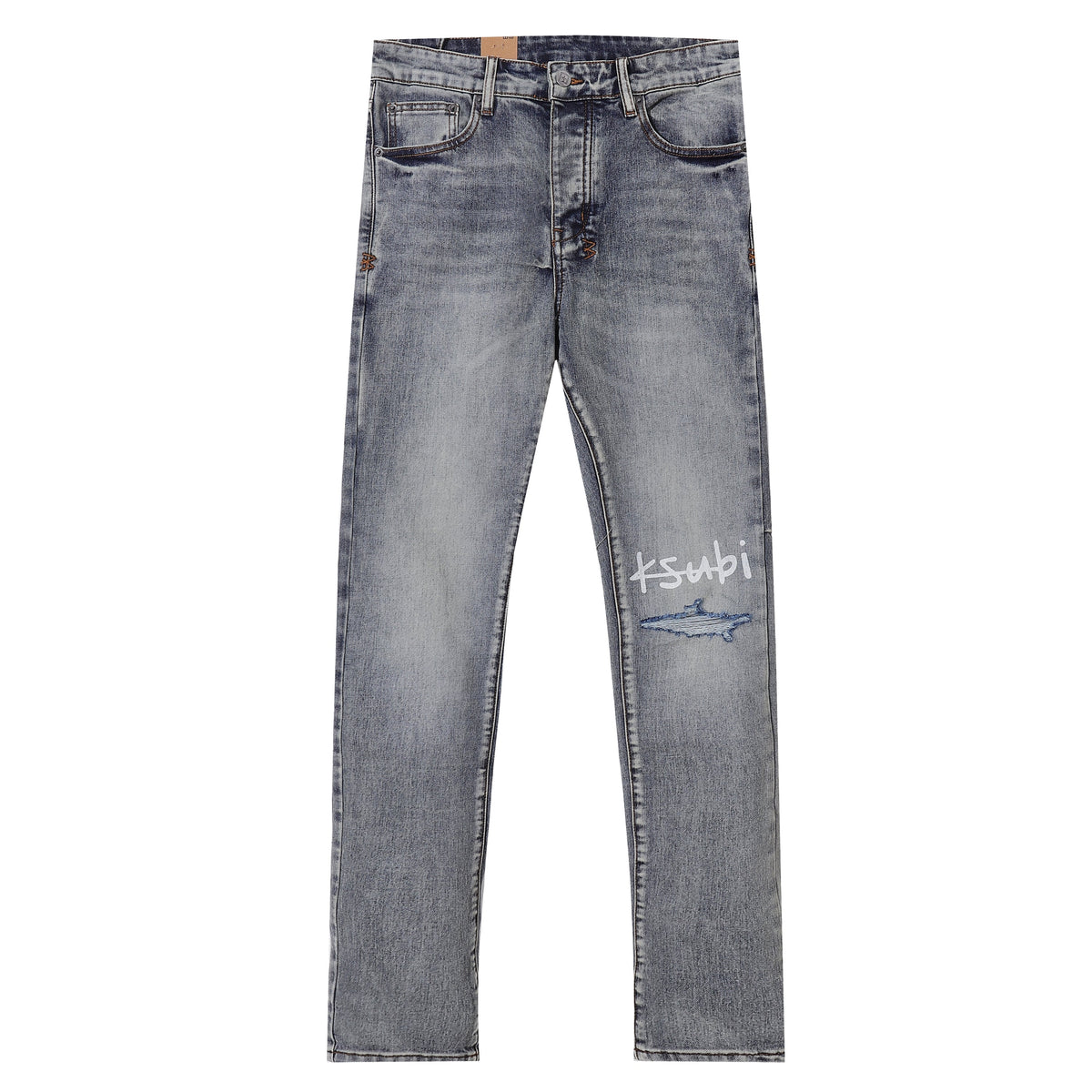 Ksubi Printed Logo Ripped Grey Wash Slim Jeans