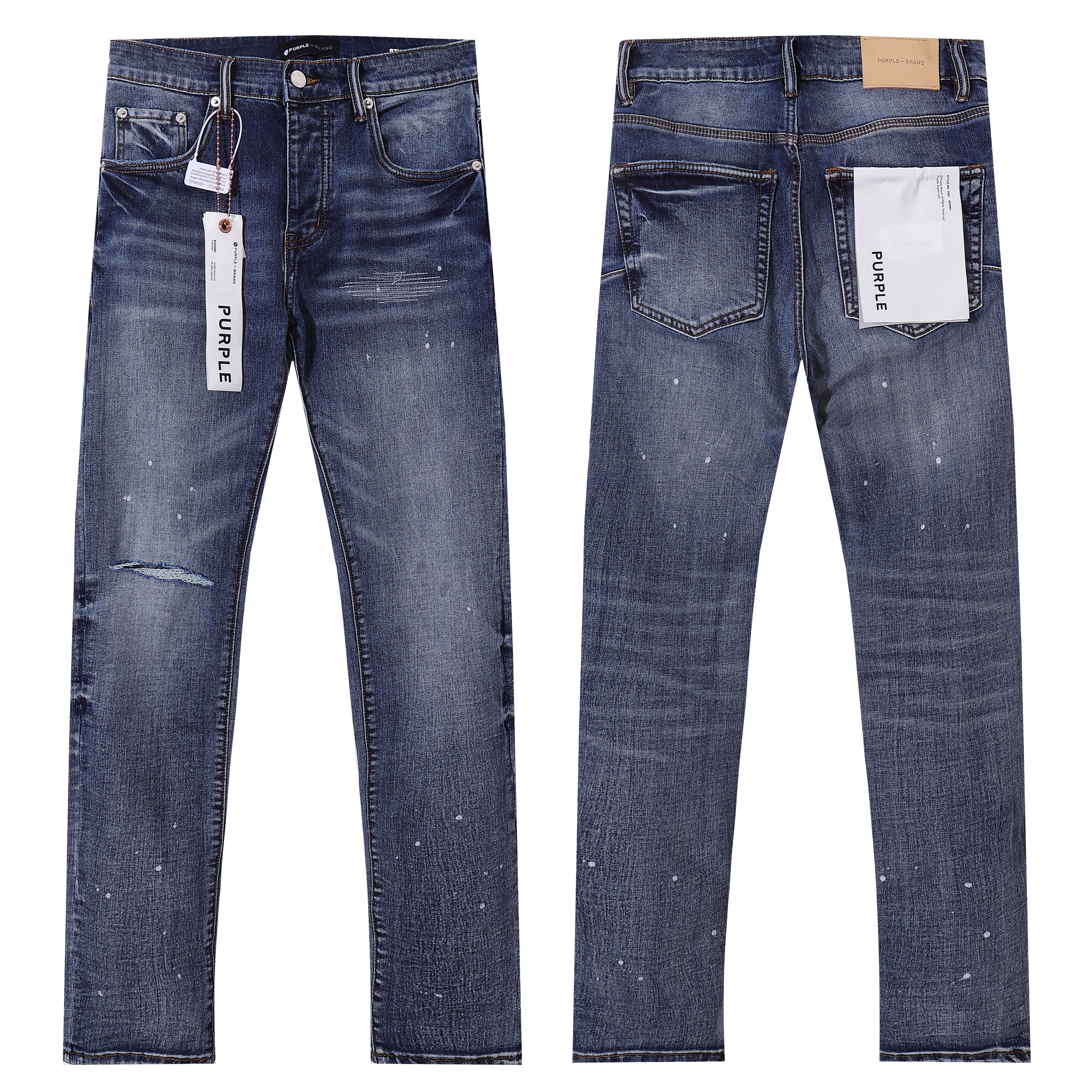 Purple‑Brand Dark Wash Splatter Paint Ripped Straight Jeans