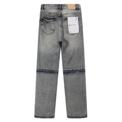Purple‑Brand Vintage Wash Multi‑Ripped Frayed Seam Patch Wide Leg Jeans