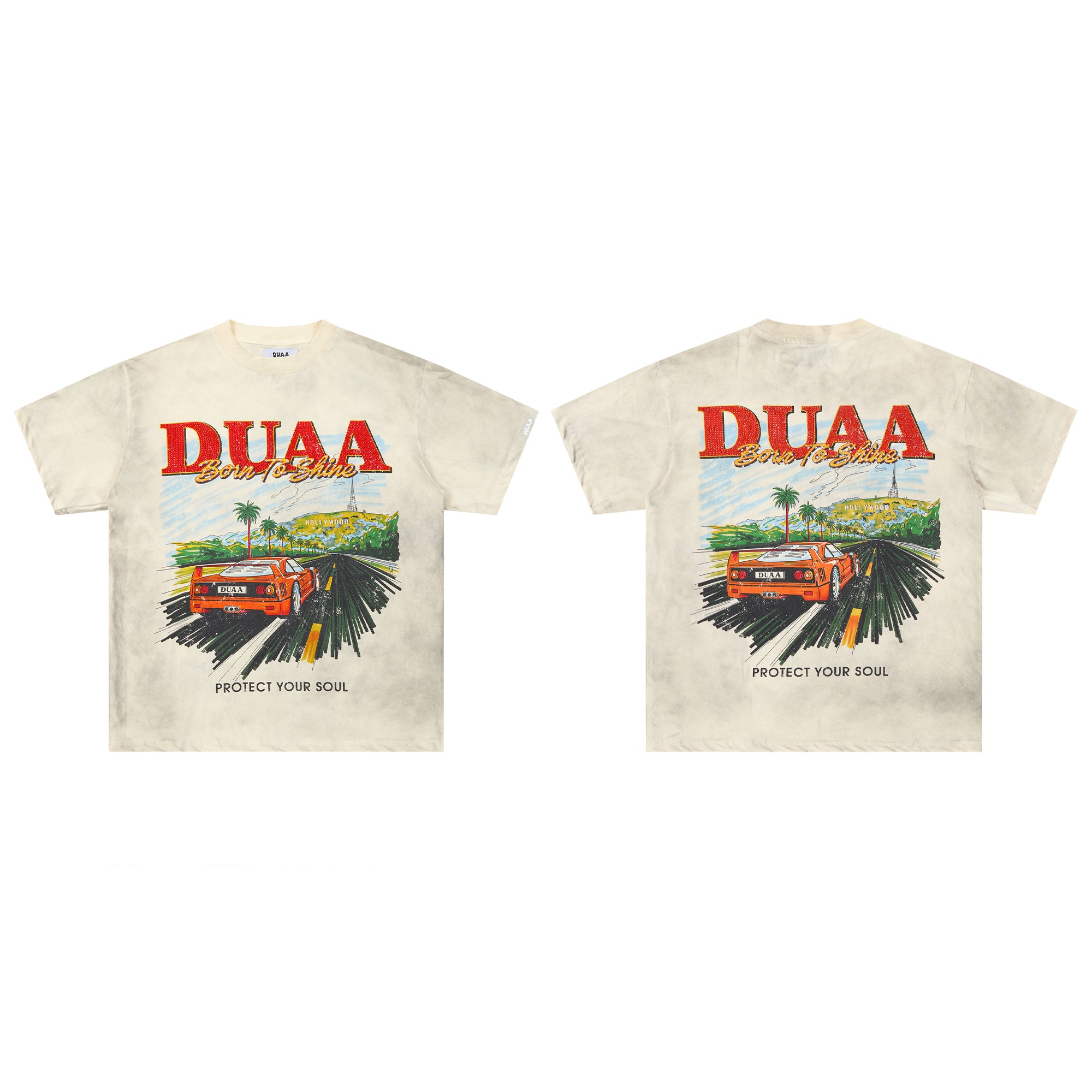 DUAA Born To Shine Retro Supercar Vintage Off White Washed T-Shirt
