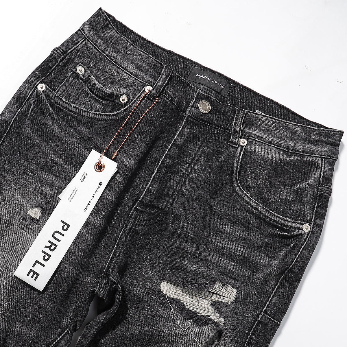 Purple‑Brand Black Grey Heavy Frayed Ripped Straight Leg Jeans