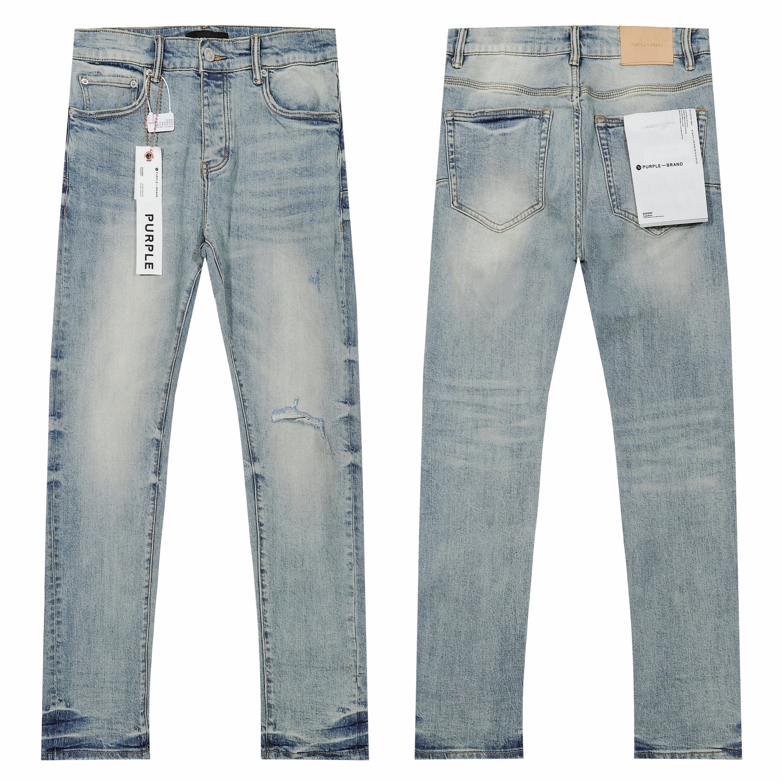 Purple‑Brand Light Blue Wash Knee Rip Straight Leg Jeans