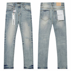 Purple‑Brand Light Blue Wash Knee Rip Straight Leg Jeans