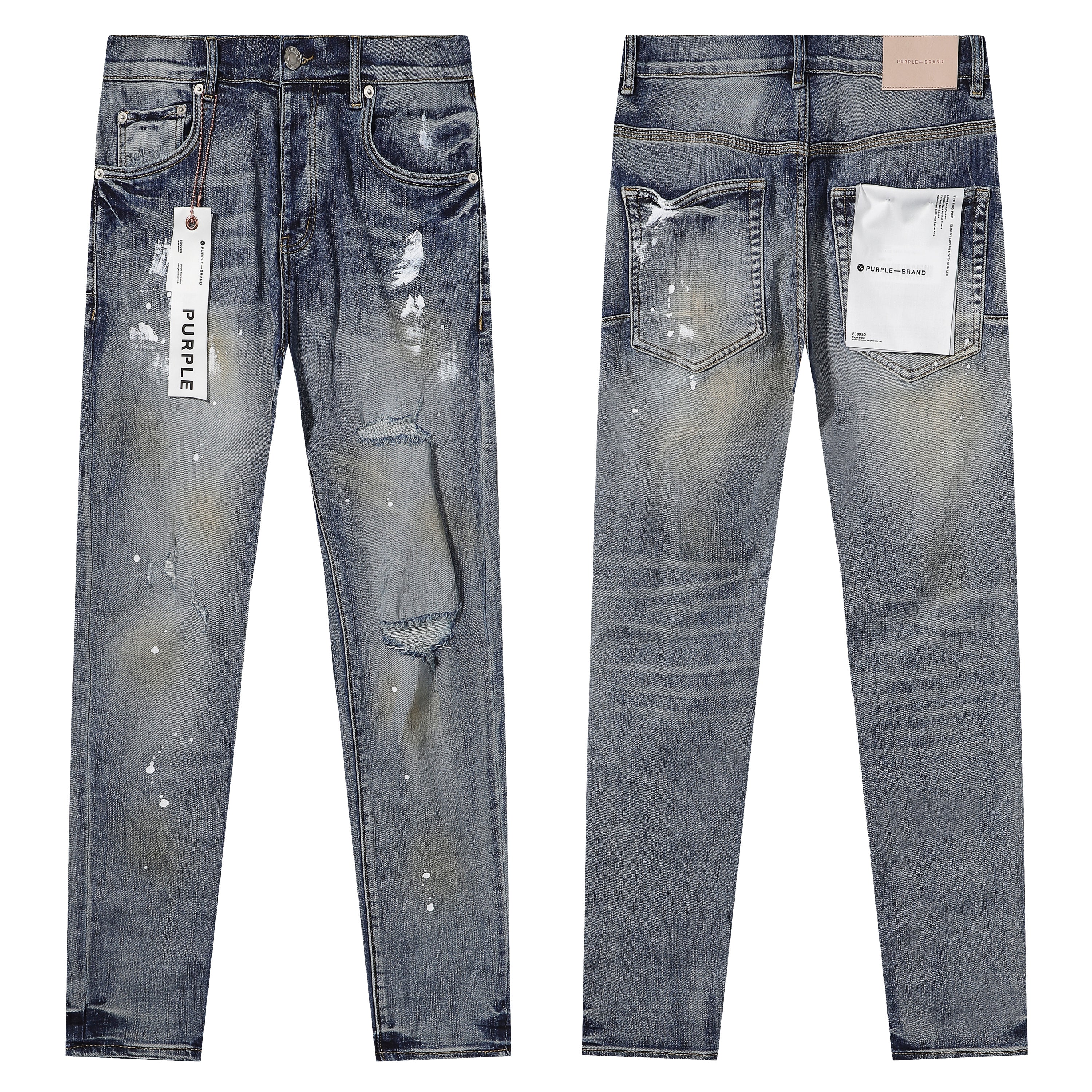 Purple‑Brand Vintage Wash Rip White Paint Splatter Straight Leg Jeans