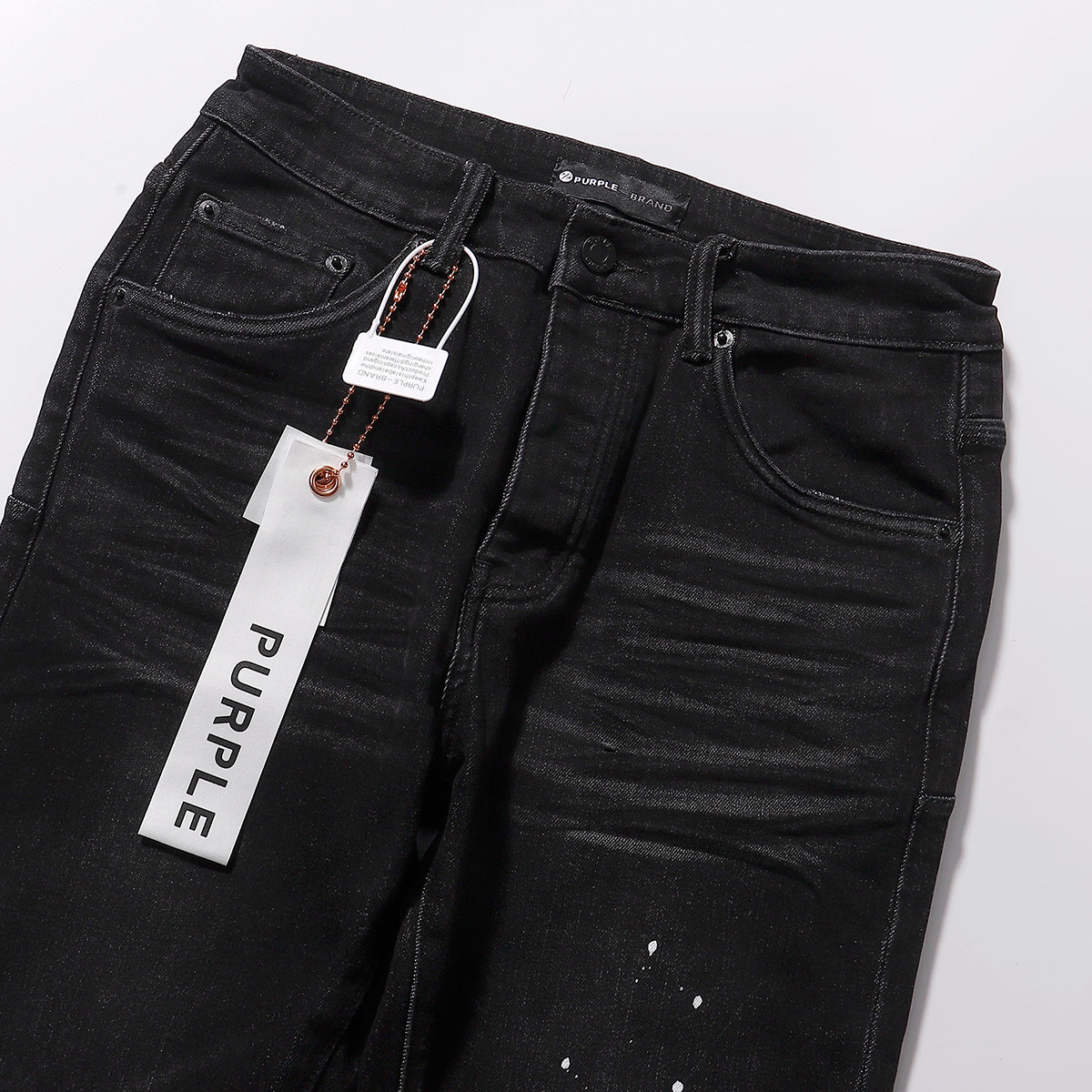 Purple‑Brand Black Wash Frayed Rip Paint Splatter Straight Leg Jeans