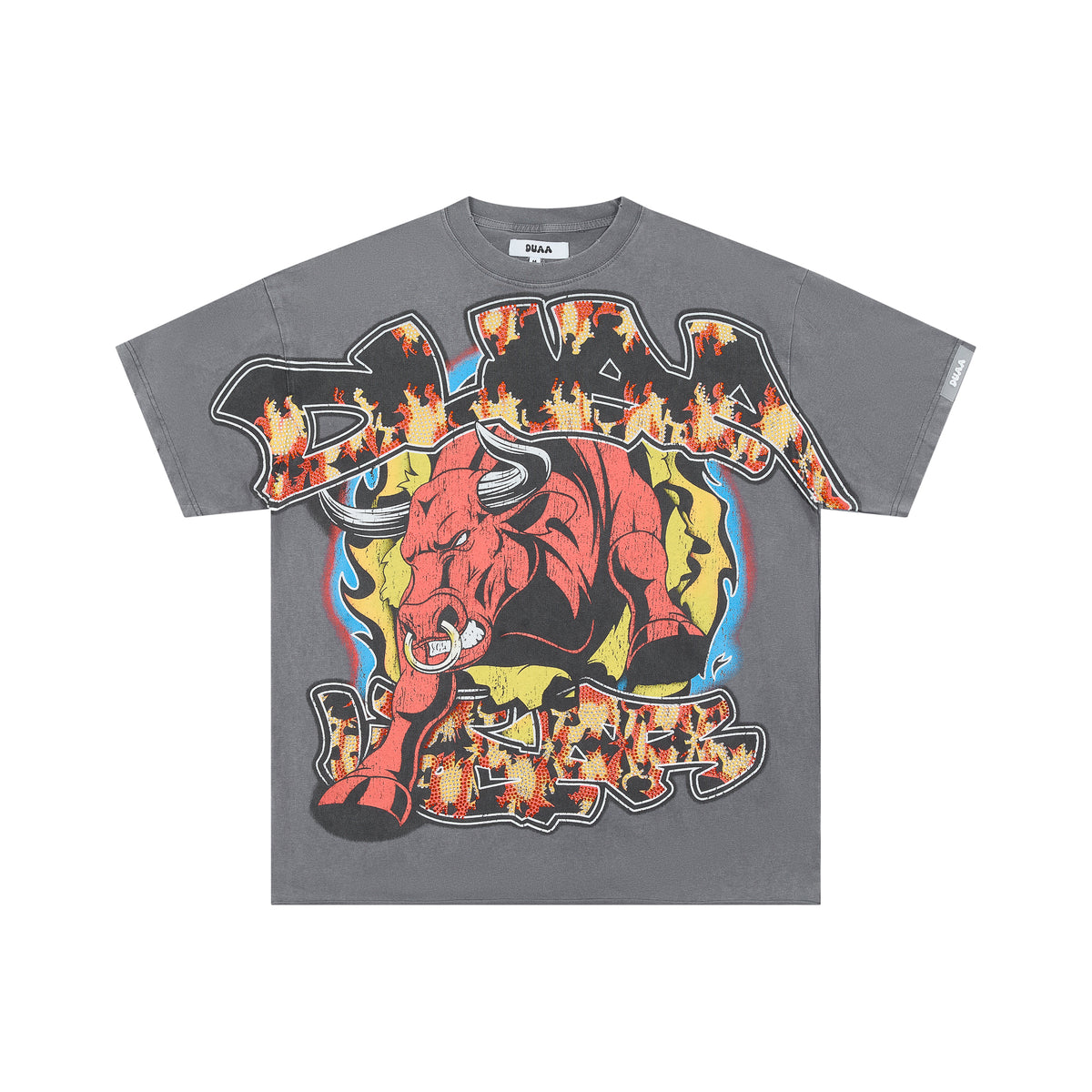 DUAA DUMAAWEAR Angry Bull Flame Vintage Washed Graphic T-Shirt