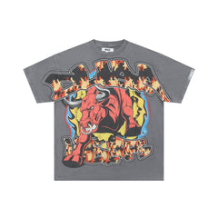 DUAA DUMAAWEAR Angry Bull Flame Vintage Washed Graphic T-Shirt