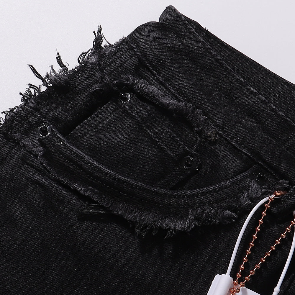 Purple‑Brand Black Raw Frayed Edge Straight Leg Jeans