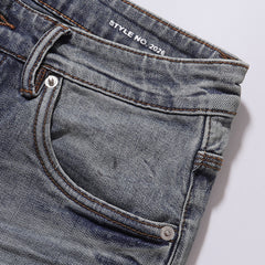 Purple‑Brand Men Light Blue Straight Leg Jeans Crinkle Washed Faded Denim Pants Streetwear Casual Trousers