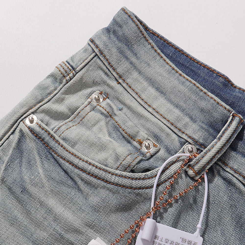 Purple‑Brand Light Blue Washed Frayed Ripped Flare Jeans