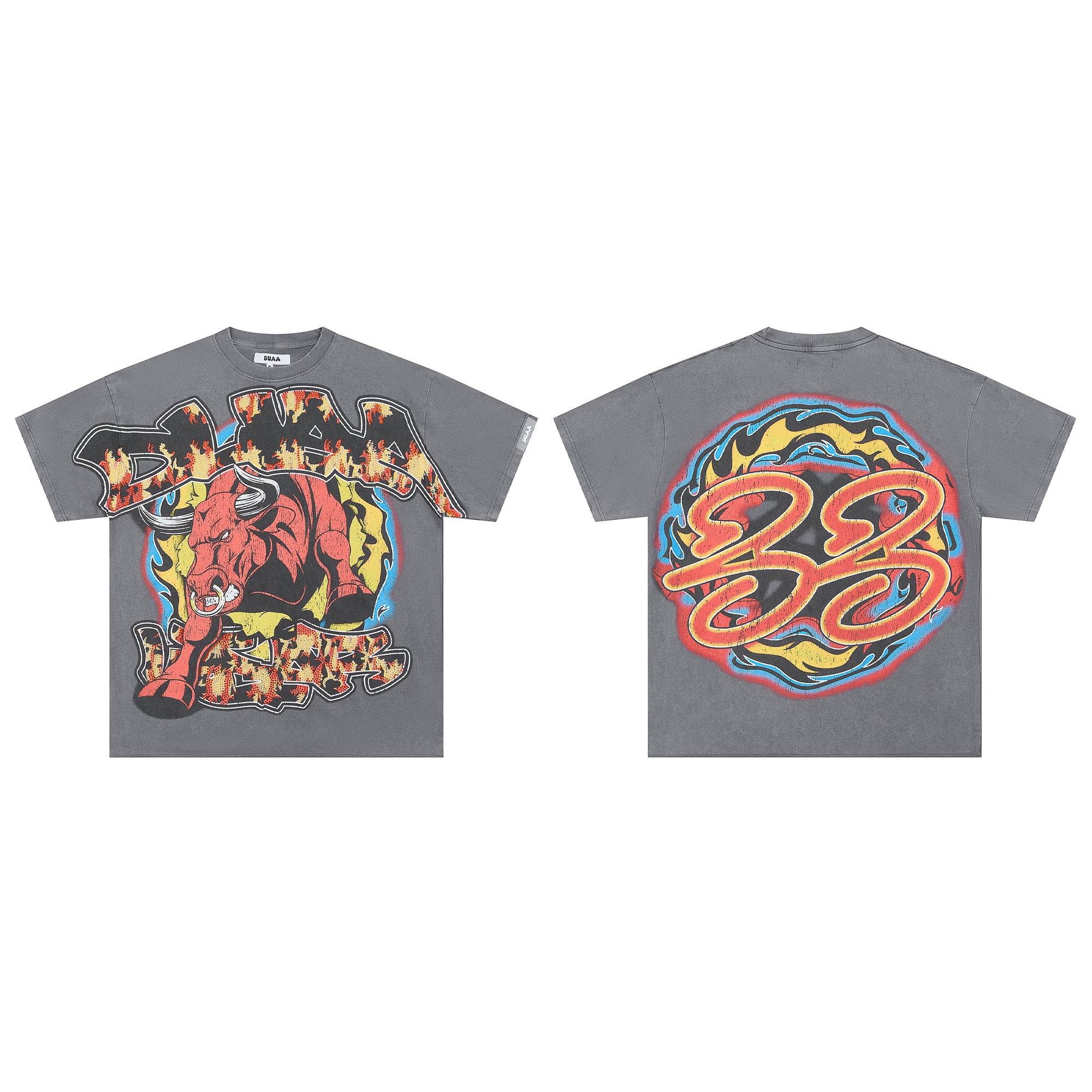 DUAA DUMAAWEAR Angry Bull Flame Vintage Washed Graphic T-Shirt