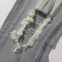 Purple‑Brand Light Faded Multi‑Frayed Ripped Straight Leg Jeans
