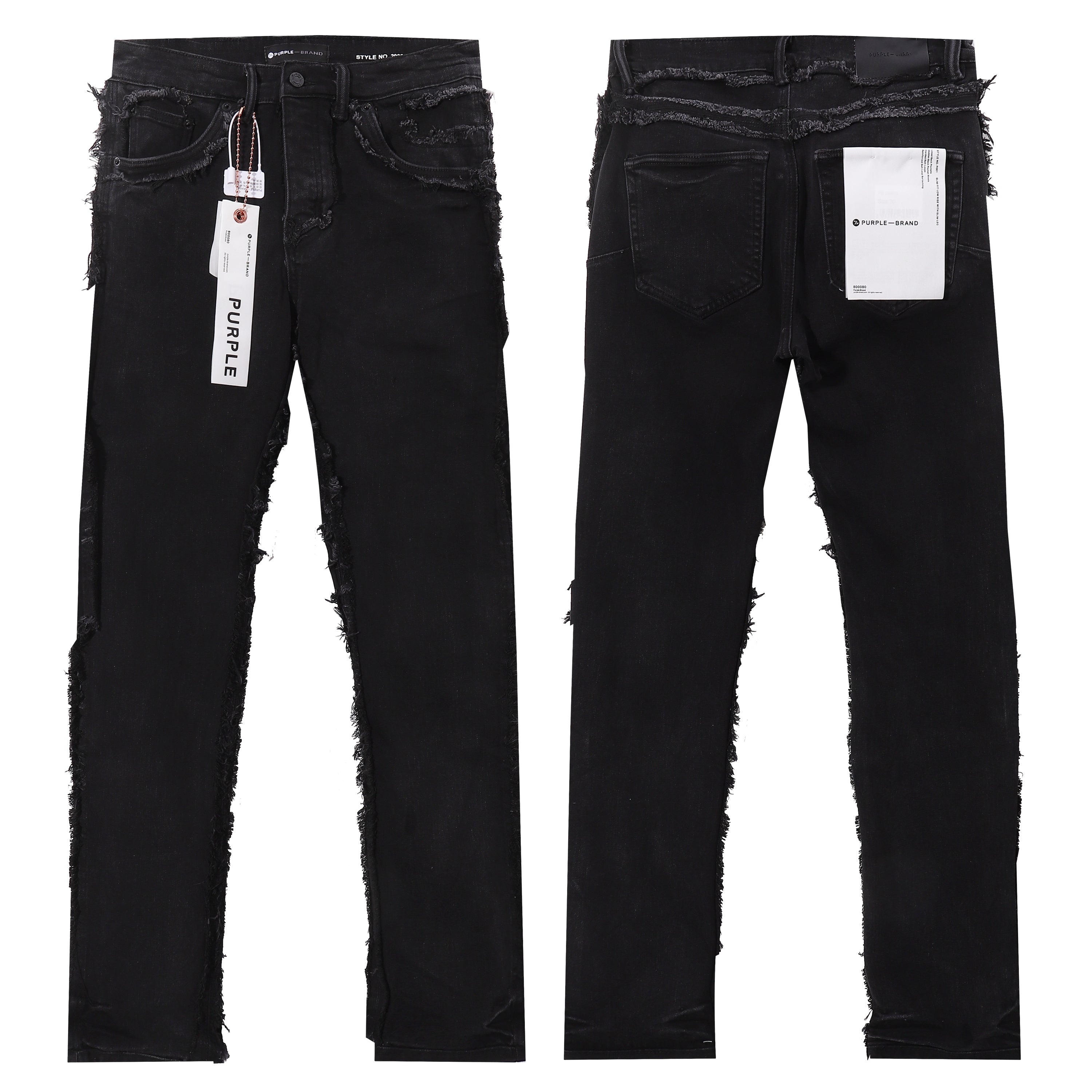 Purple‑Brand Black Raw Frayed Edge Straight Leg Jeans