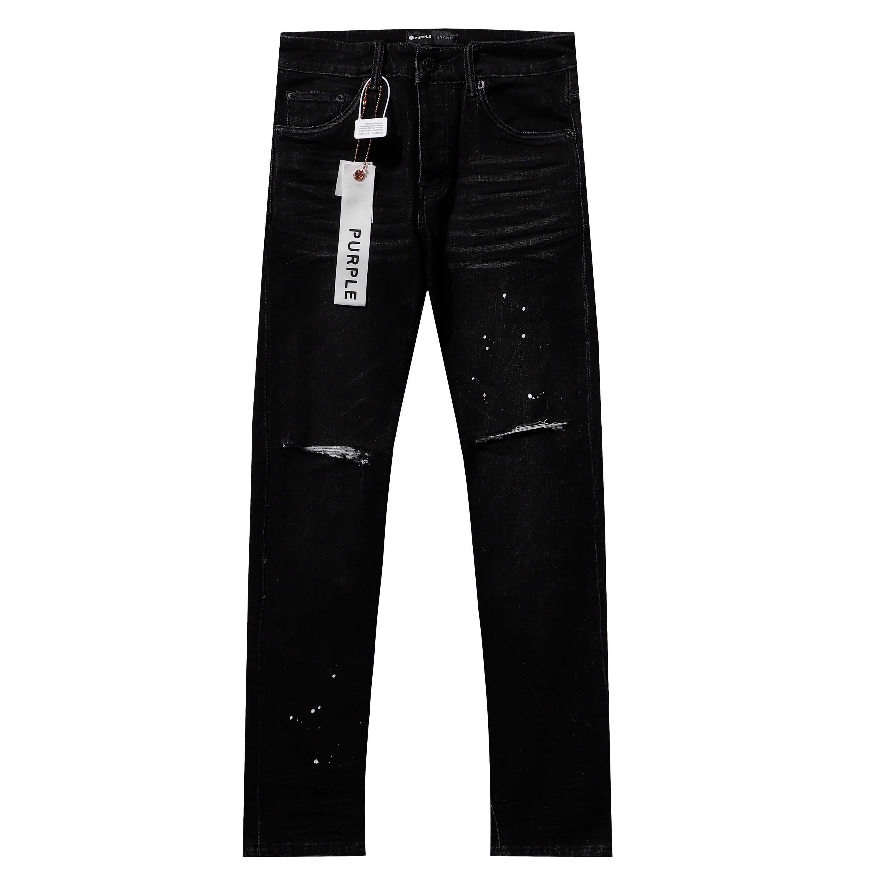Purple‑Brand Black Wash Frayed Rip Paint Splatter Straight Leg Jeans