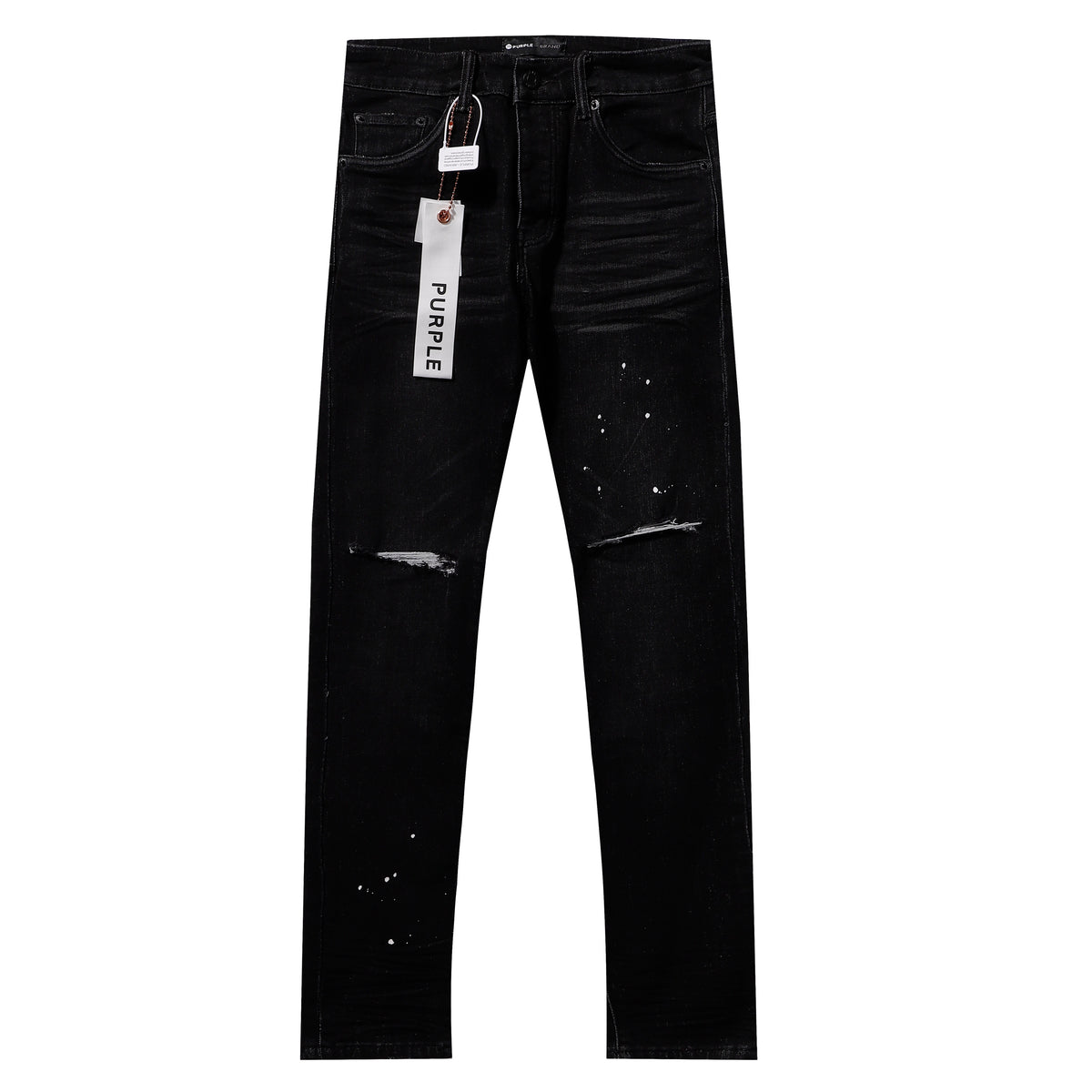 Purple‑Brand Black Wash Frayed Rip Paint Splatter Straight Leg Jeans