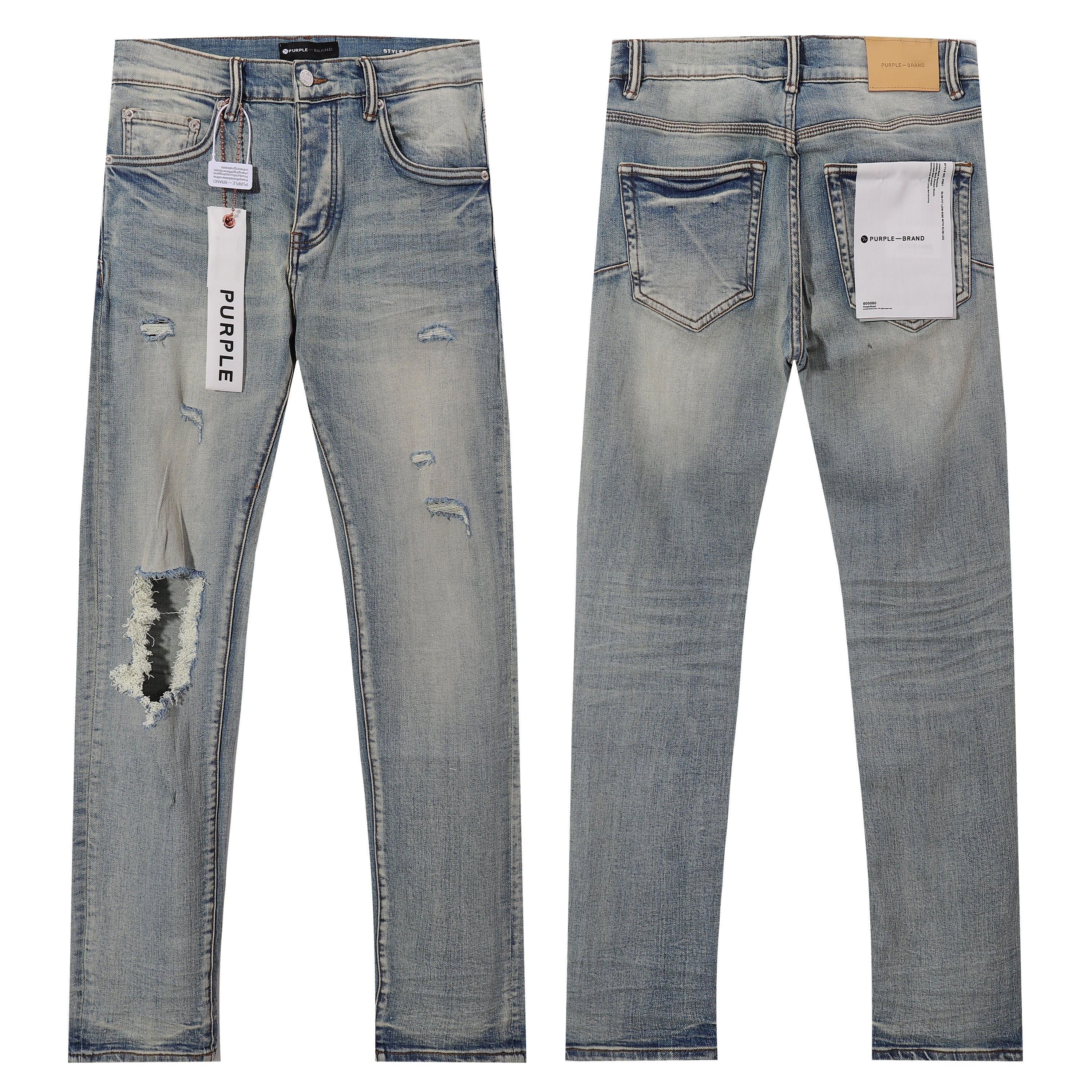 Purple‑Brand Light Faded Multi‑Frayed Ripped Straight Leg Jeans