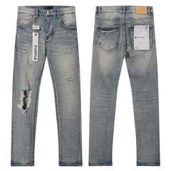 Purple‑Brand Light Faded Multi‑Frayed Ripped Straight Leg Jeans