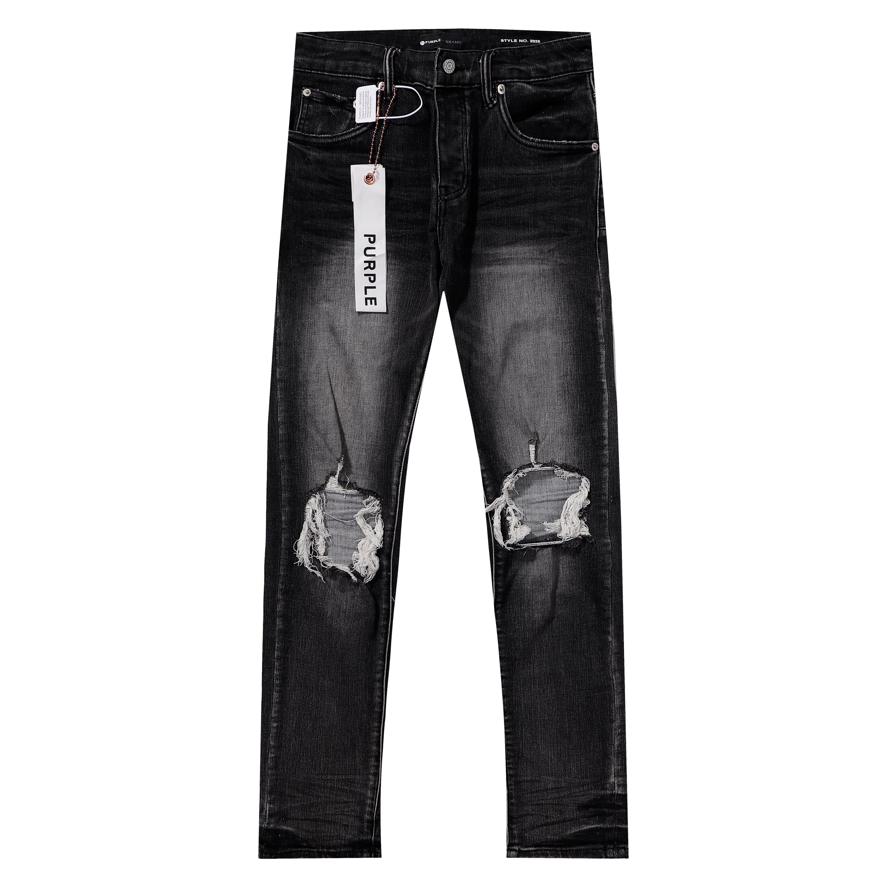 Purple‑Brand Black Faded Heavy Frayed Knee Ripped Straight Leg Jeans