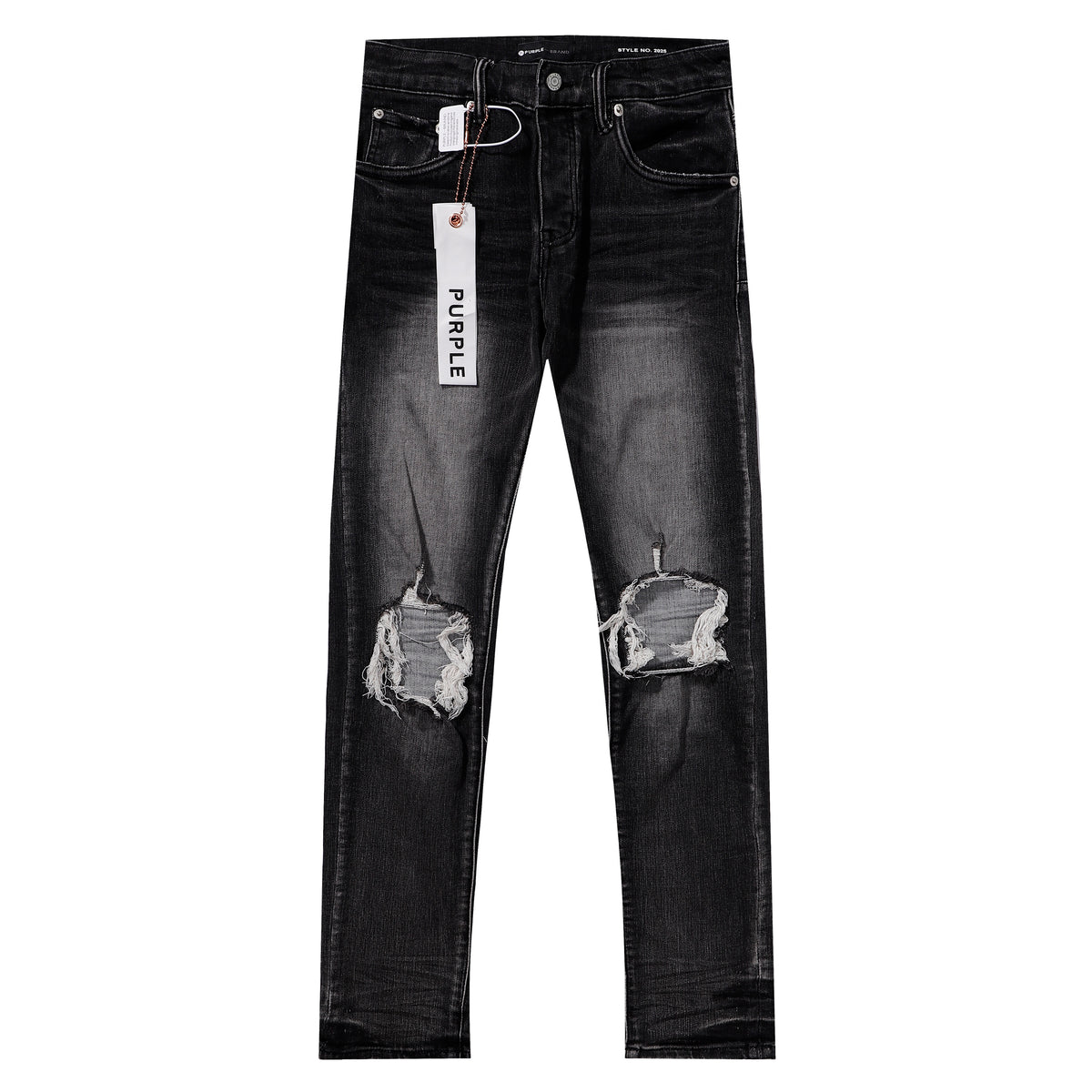 Purple‑Brand Black Faded Heavy Frayed Knee Ripped Straight Leg Jeans