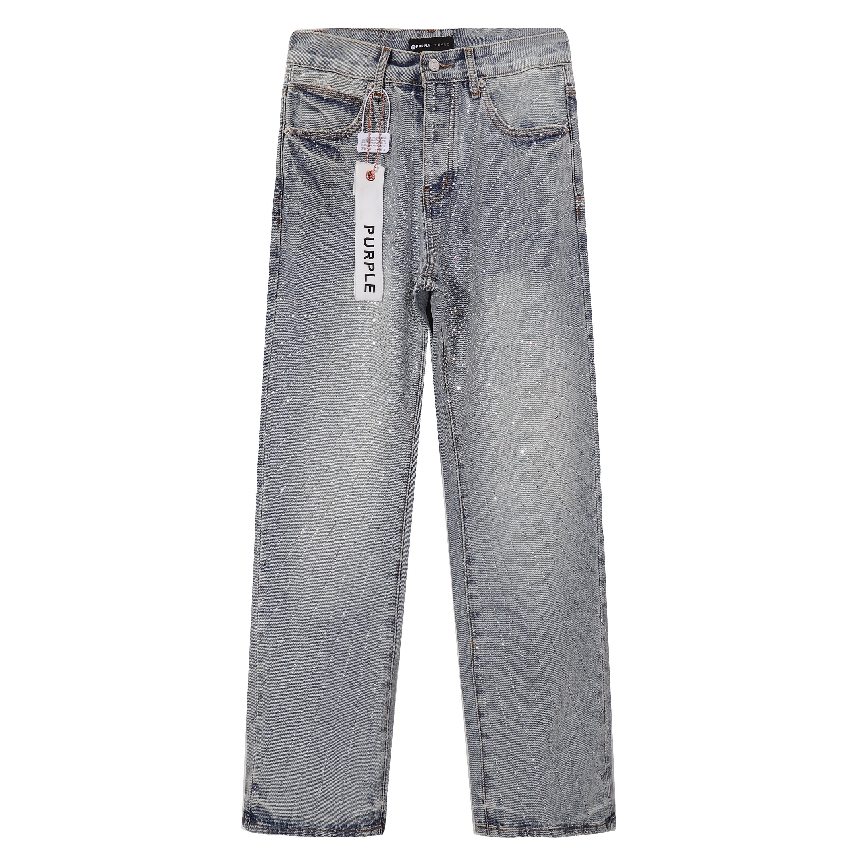 Purple‑Brand Light Acid‑Wash Radial Rhinestone Wide Leg Jeans