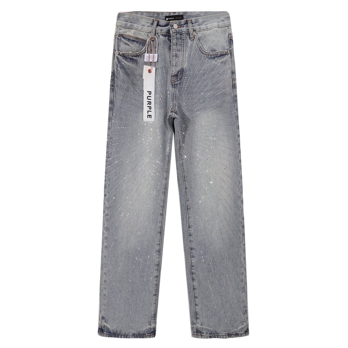 Purple‑Brand Light Acid‑Wash Radial Rhinestone Wide Leg Jeans