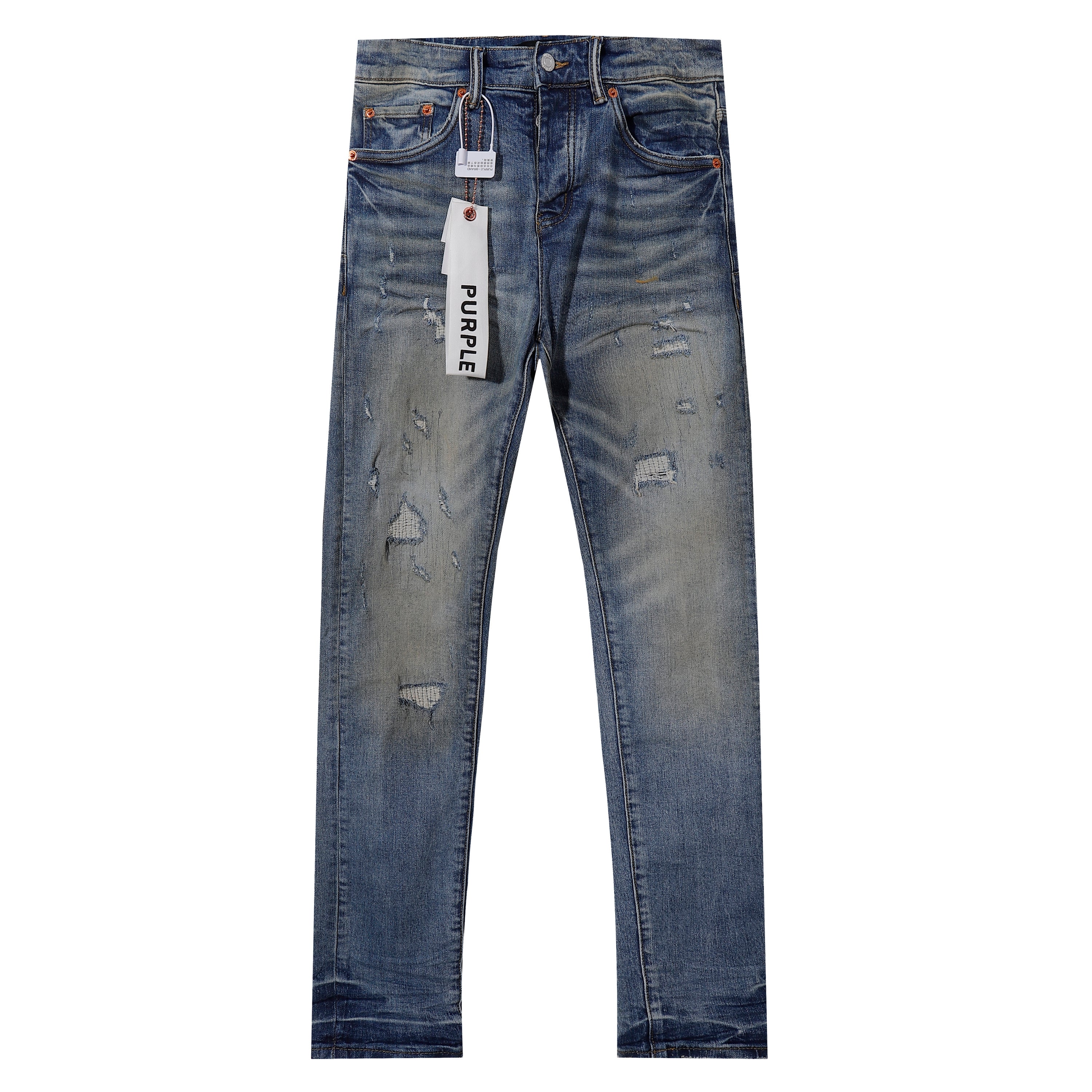 Purple‑Brand Vintage Blue Multi‑Patch Rip Distressed Straight Leg Jeans