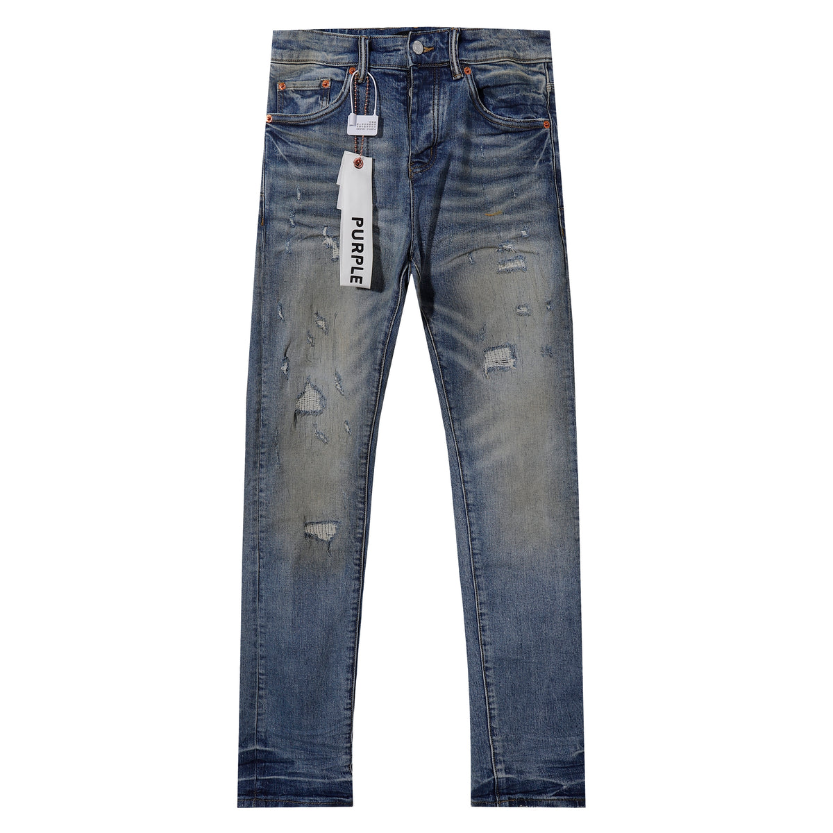 Purple‑Brand Vintage Blue Multi‑Patch Rip Distressed Straight Leg Jeans