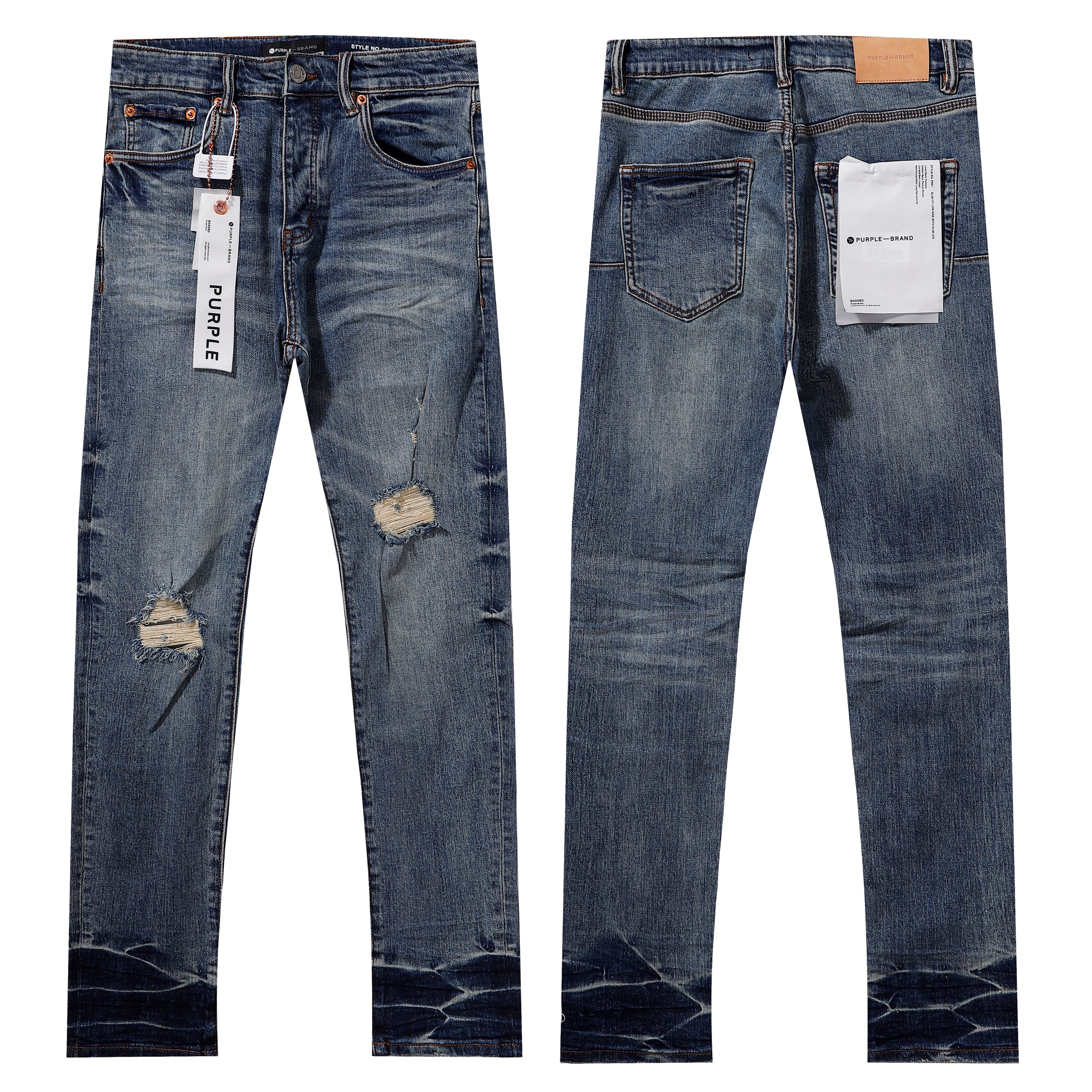 Purple‑Brand Mid‑Blue Distressed Patch Ripped Gradient Hem Straight Leg Jeans