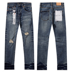 Purple‑Brand Mid‑Blue Distressed Patch Ripped Gradient Hem Straight Leg Jeans