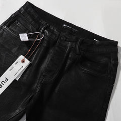 Purple‑Brand Black Coated Shiny Straight Leg Denim Jeans