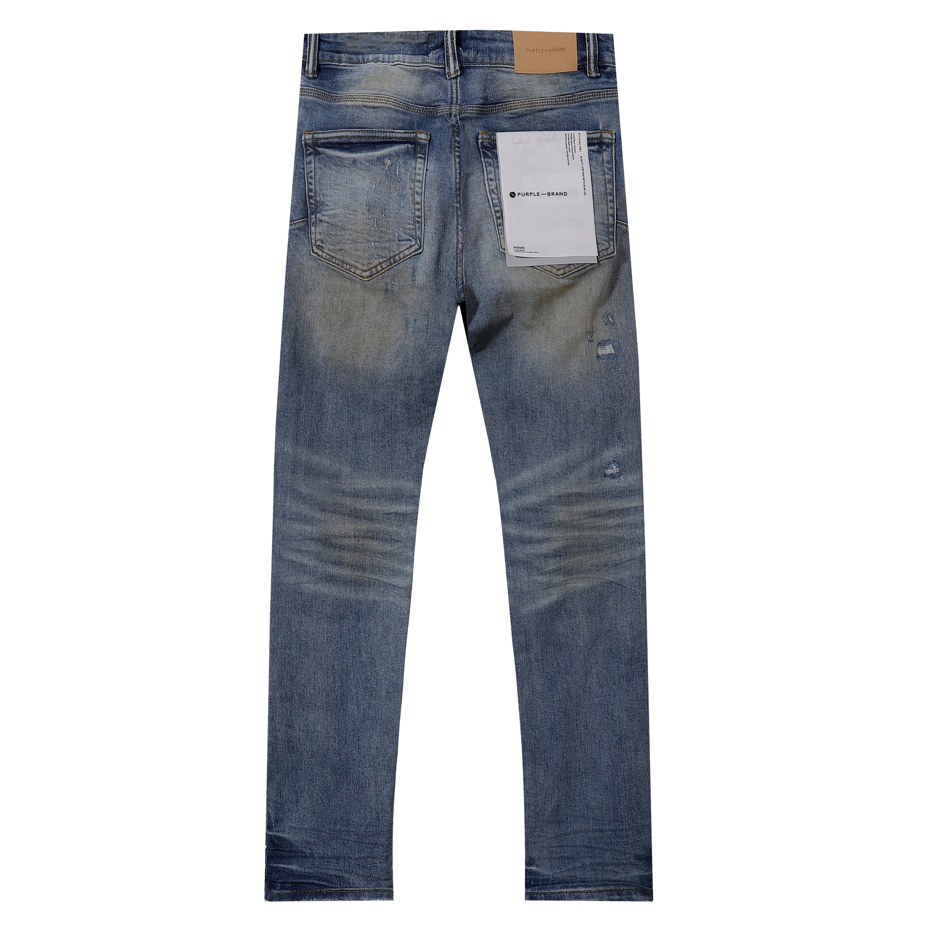 Purple‑Brand Vintage Blue Multi‑Patch Rip Distressed Straight Leg Jeans