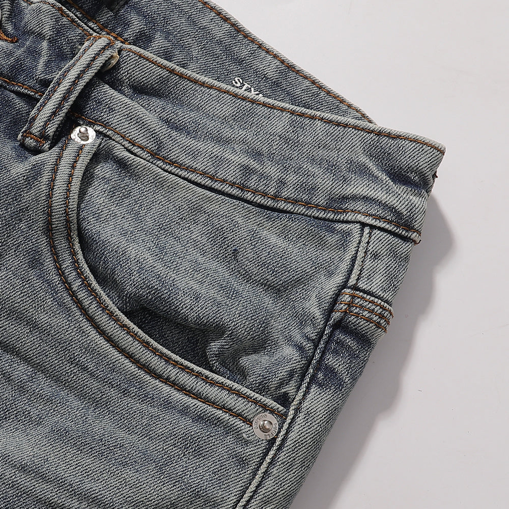 Purple‑Brand Light Vintage Wash All‑Over Abrasion Scratch Straight Jeans