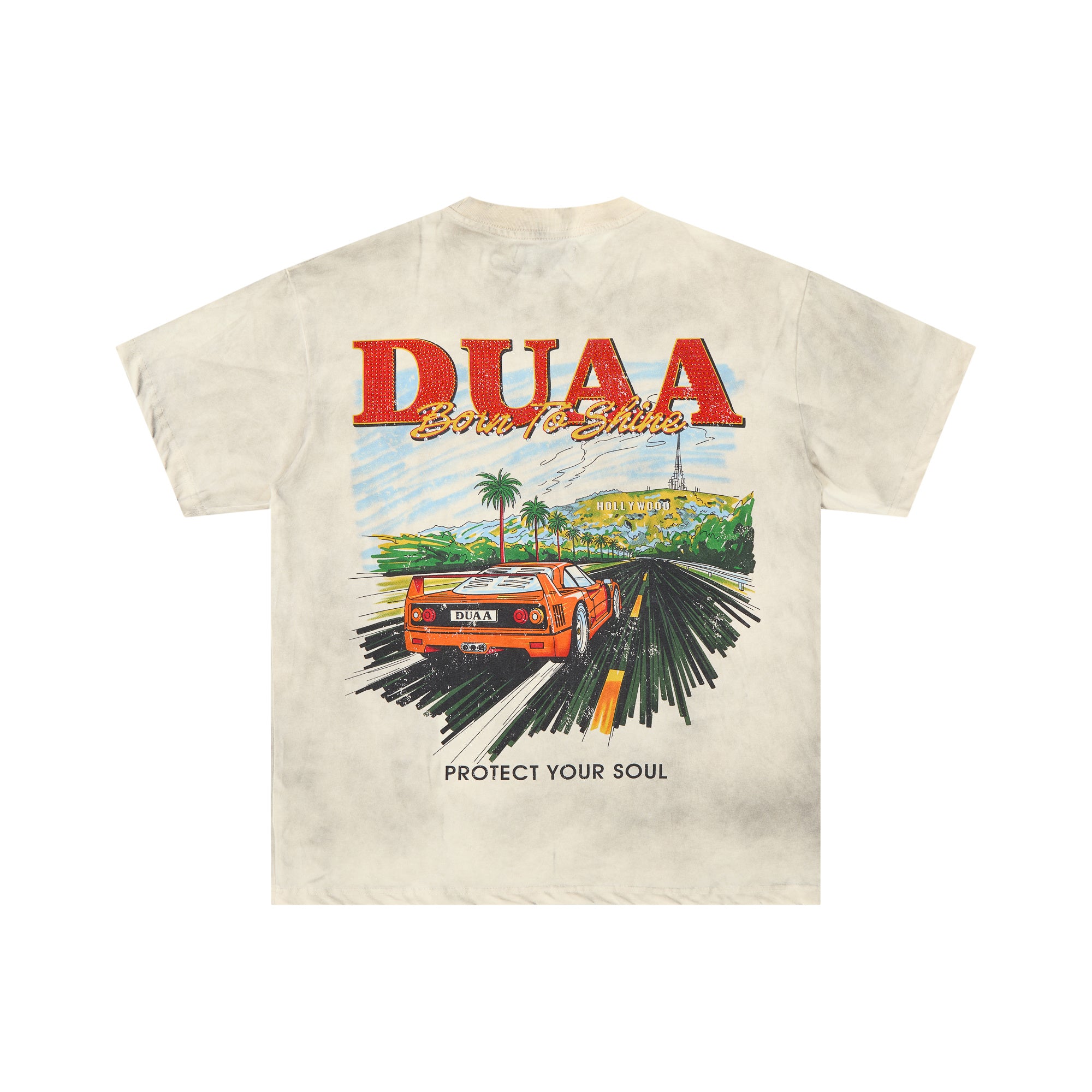 DUAA Born To Shine Retro Supercar Vintage Off White Washed T-Shirt