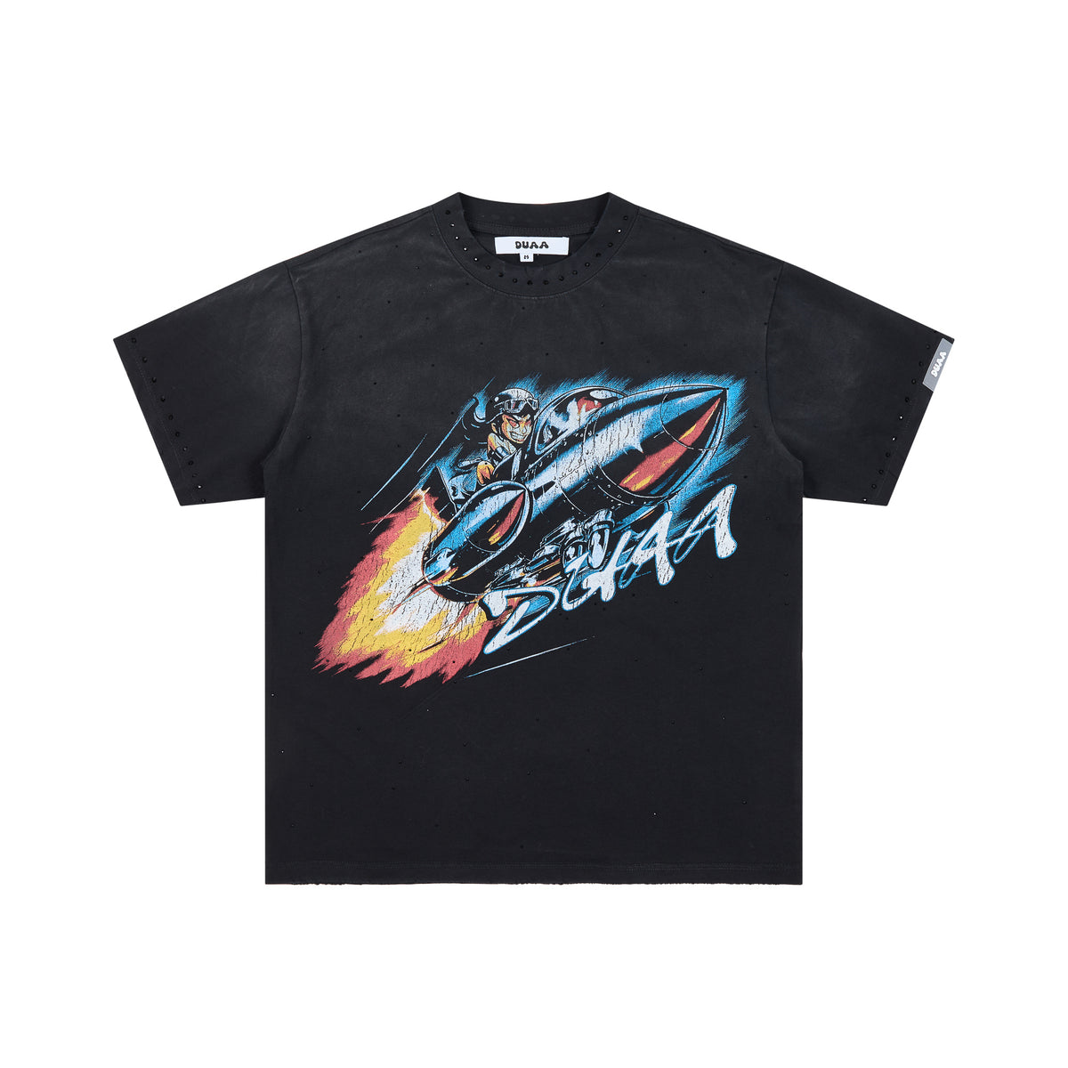 DUAA Retro Rocket Pilot Vintage Black Distressed Washed T-Shirt