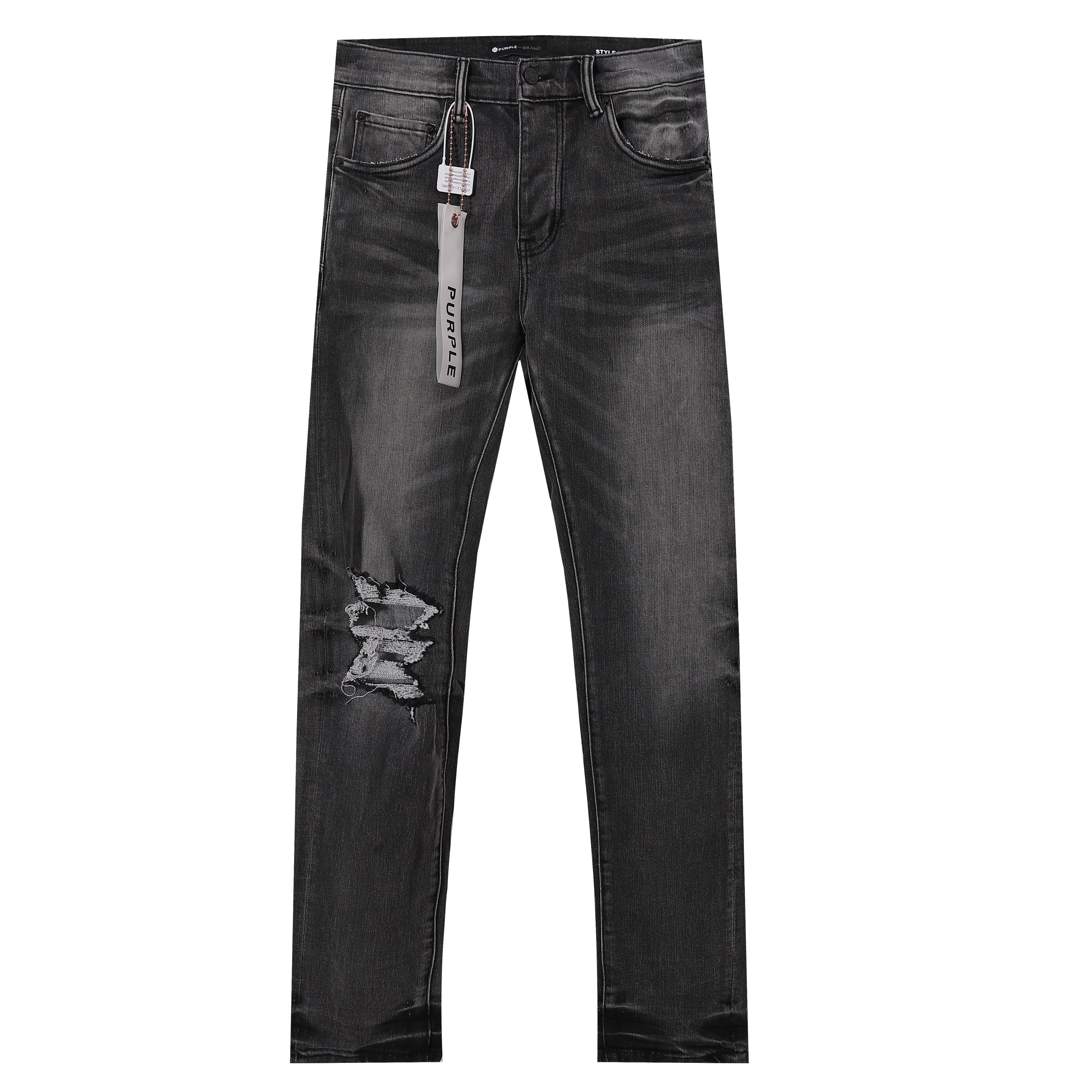 Purple‑Brand Black Grey Washed Multi‑Ripped Patch Straight Leg Jeans