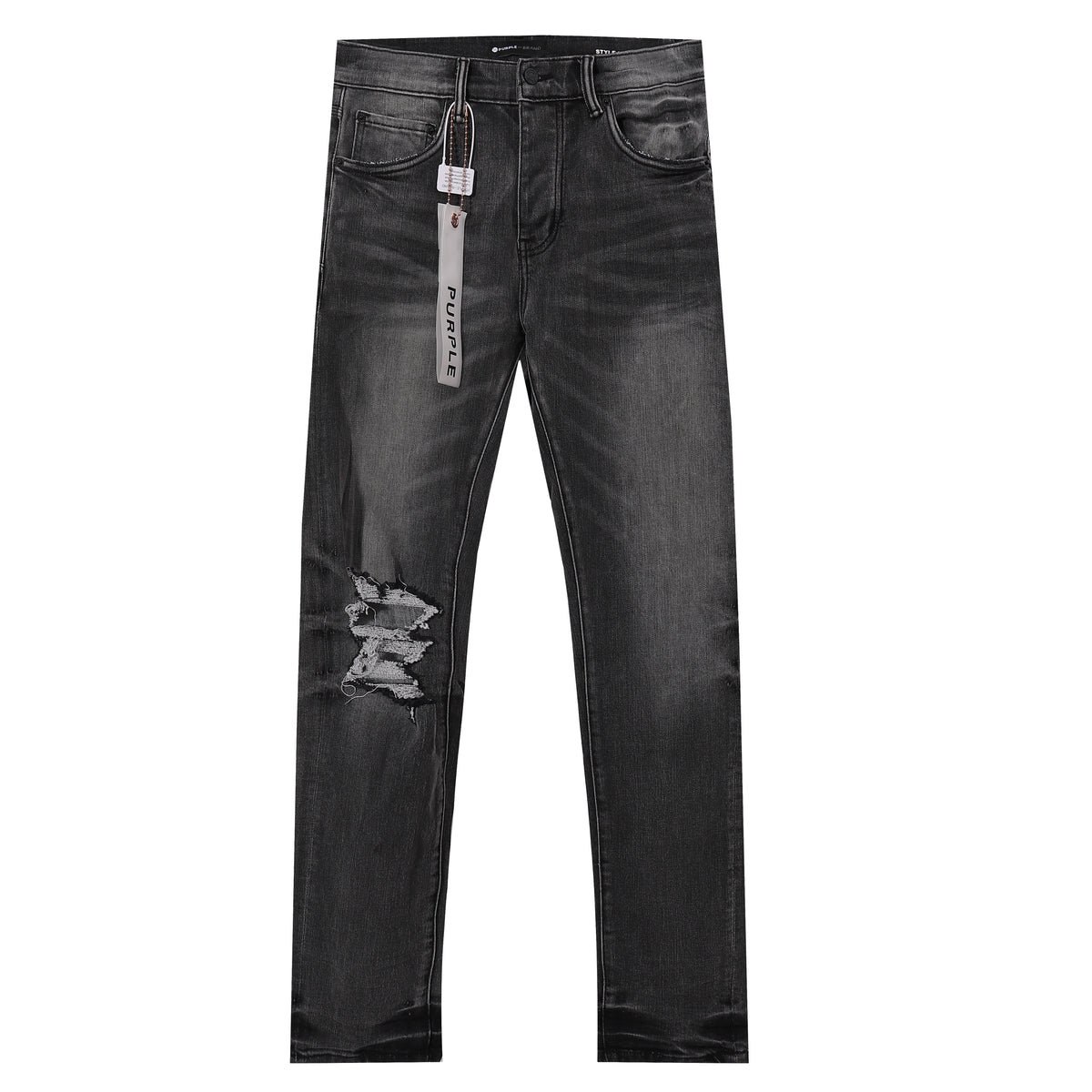 Purple‑Brand Black Grey Washed Multi‑Ripped Patch Straight Leg Jeans