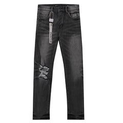Purple‑Brand Black Grey Washed Multi‑Ripped Patch Straight Leg Jeans