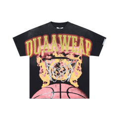 DUAAWEAR Flame Basketball Hoop Vintage Distressed Washed T-Shirt