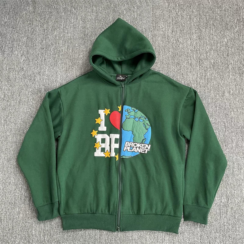 Broken Planet I Love BP Earth Graphic Zip‑Up Tracksuit Set (3 Colors)