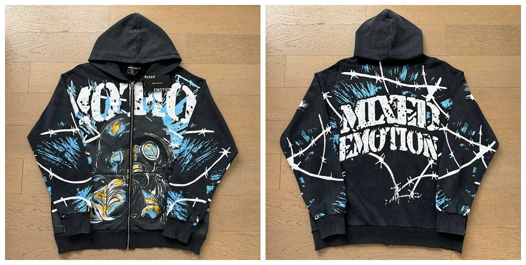Mixed Emotion Black Zip Hoodie – White Skull Graffiti Print