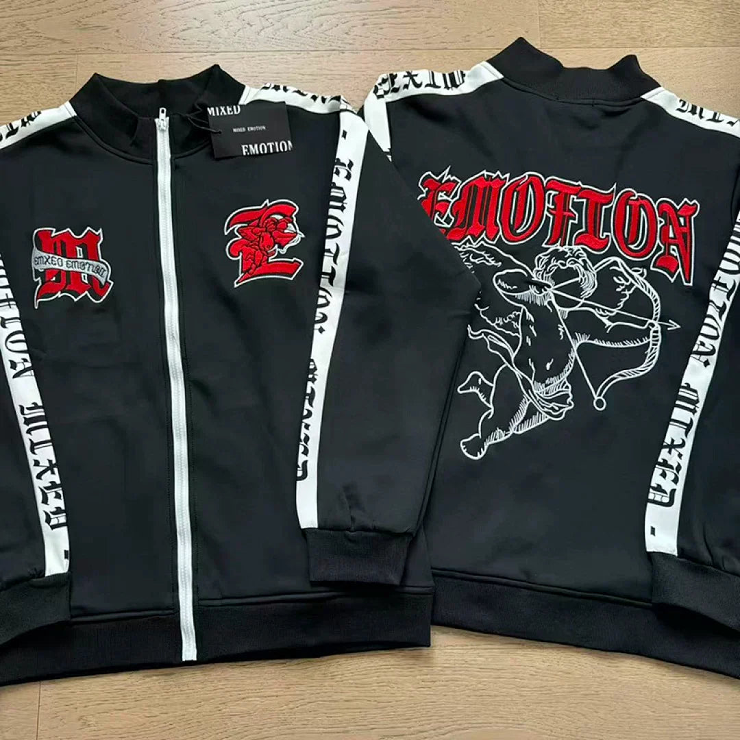 Mixed Emotion Cupid Angel Print Zip‑Up Track Jacket